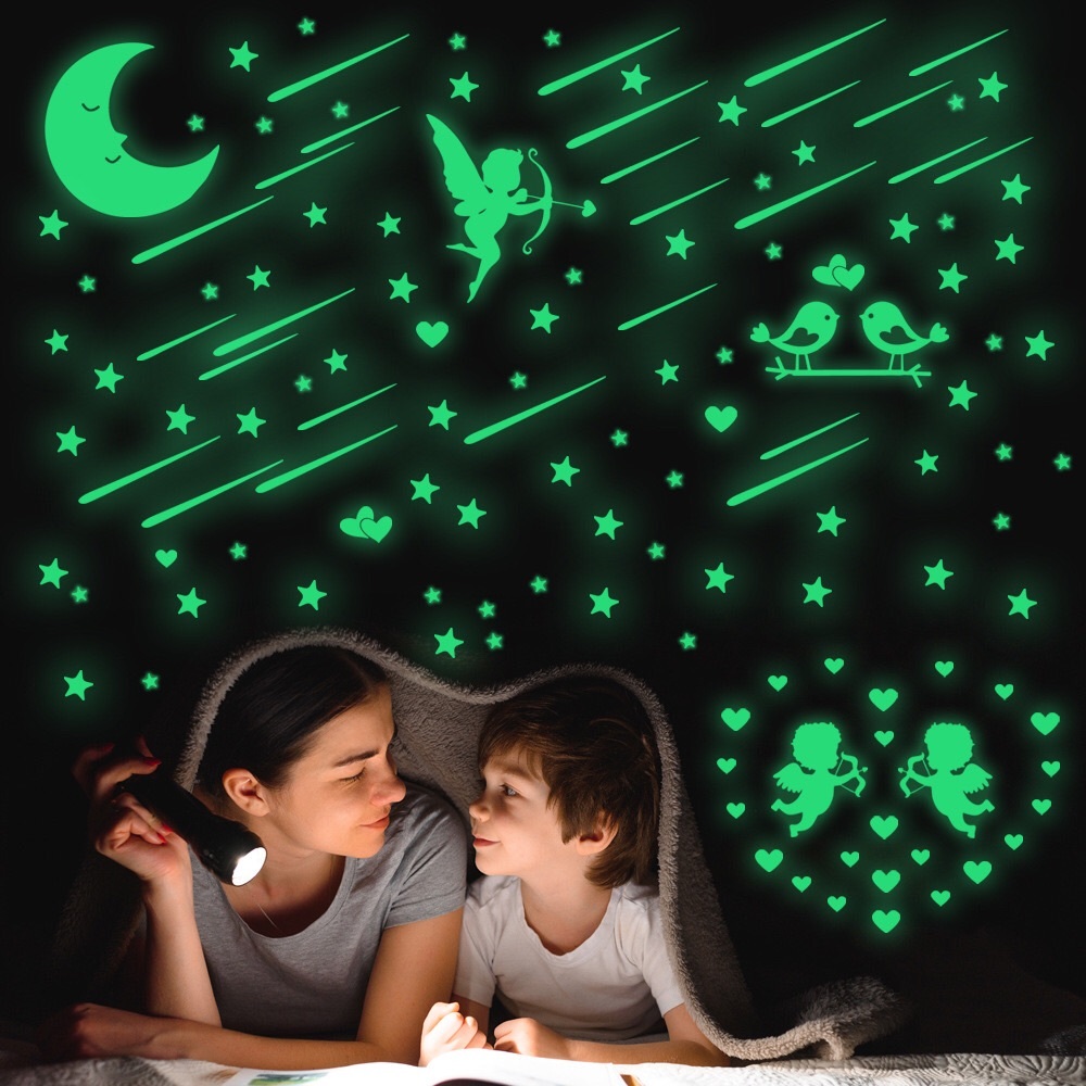 Night glow Angels moon stars wall stickers for kids room decals/glow in dark